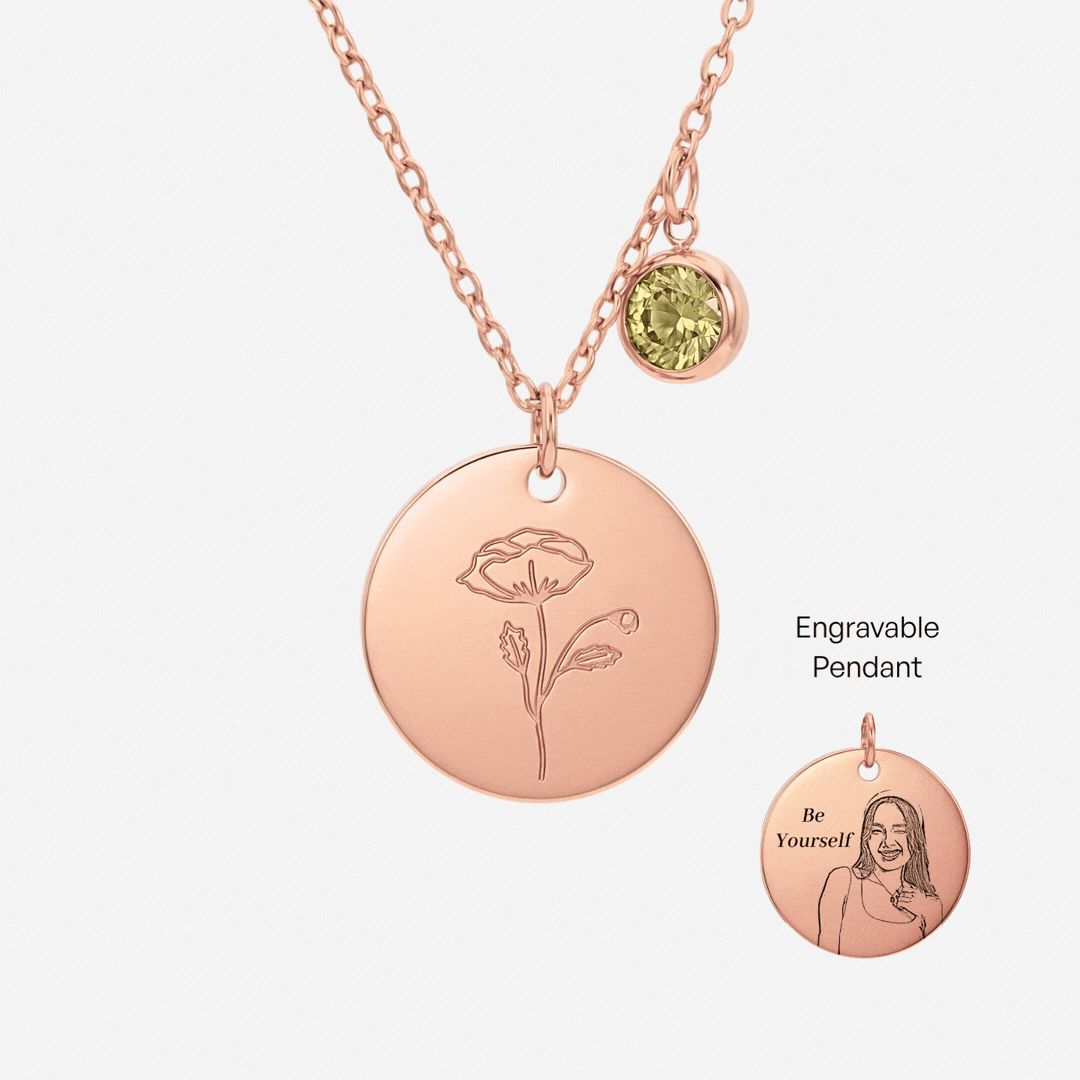 August Birth Flower with Birth Stone Engravable Pendant Chain Necklace