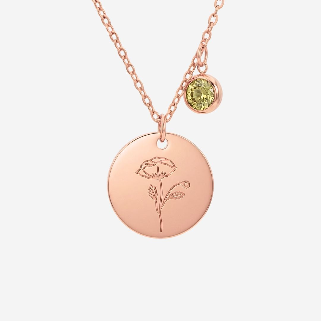 August Birth Flower with Birth Stone Engravable Pendant Chain Necklace
