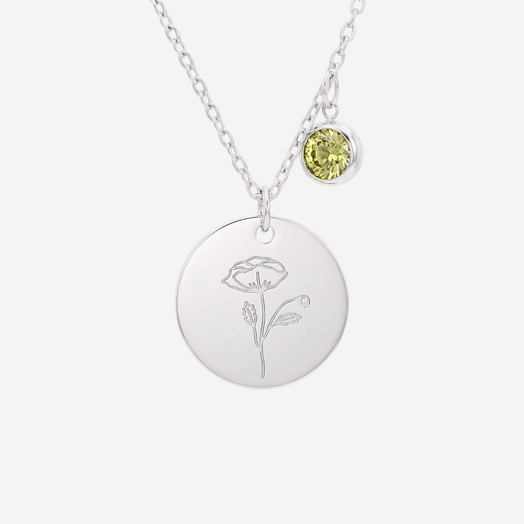 August Birth Flower with Birth Stone Engravable Pendant Chain Necklace