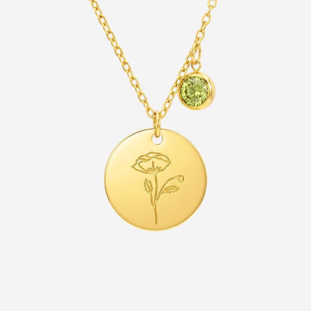 August Birth Flower with Birth Stone Engravable Pendant Chain Necklace