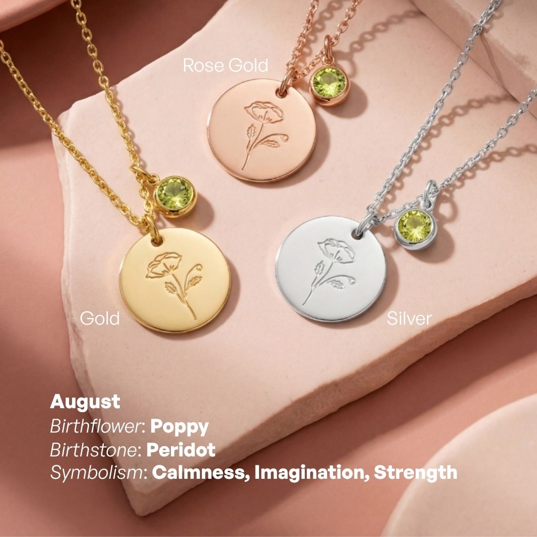 Birth Month Flower and Birth Stone Engravable Pendant Chain Necklace
