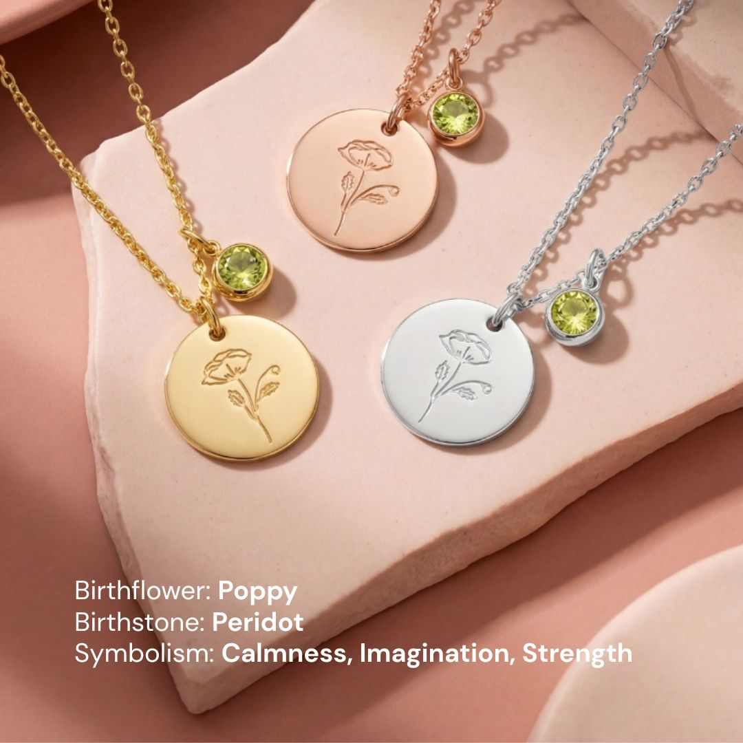 August Birth Flower with Birth Stone Engravable Pendant Chain Necklace