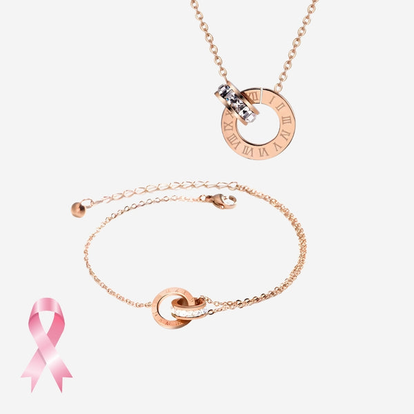 Athena Classic Interlocking Roman Numeral Necklace with Bracelet Gift Bundle in Rose Gold
