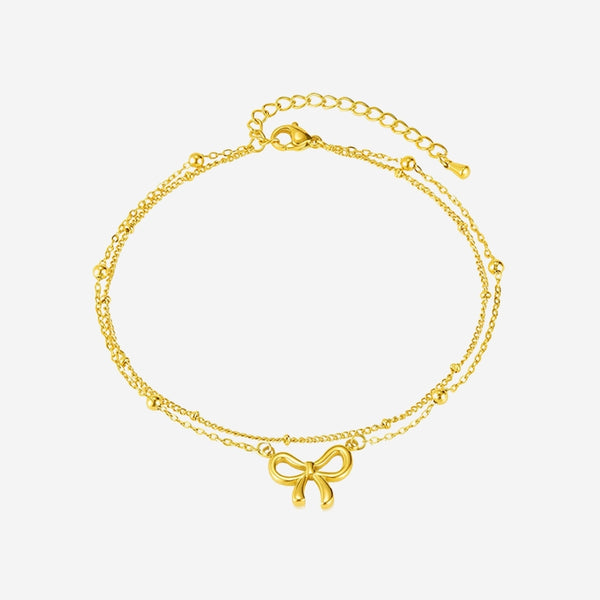 Chloe Ribbon Pendant on Dual Beads Chain Anklet in Gold