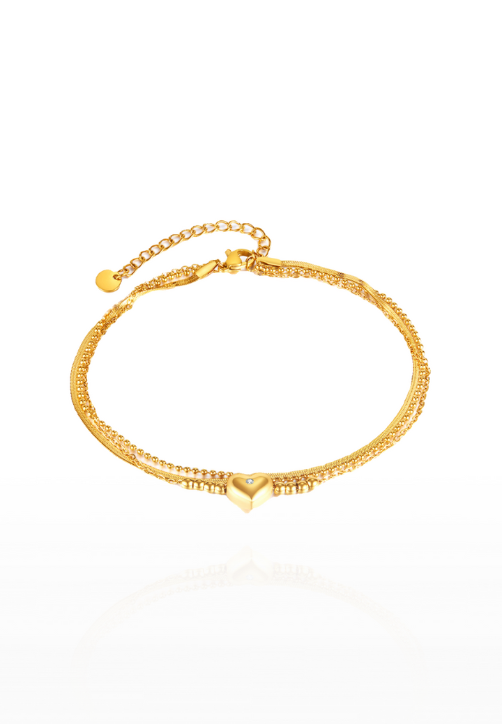 Elyssa Love Heart Engravable Multi-Layer Pendant Titanium Chain Anklet in Gold