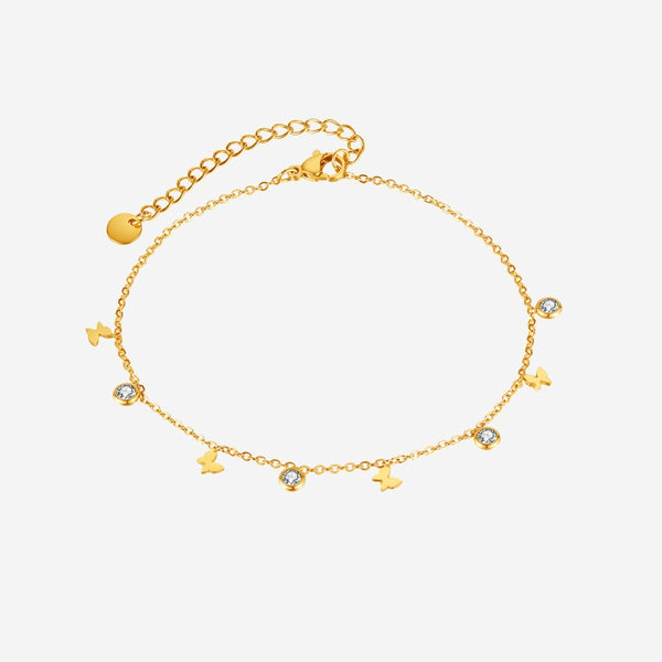 Enchante Butterfly with Cubic Zirconia Pendant Chain Anklet in Gold