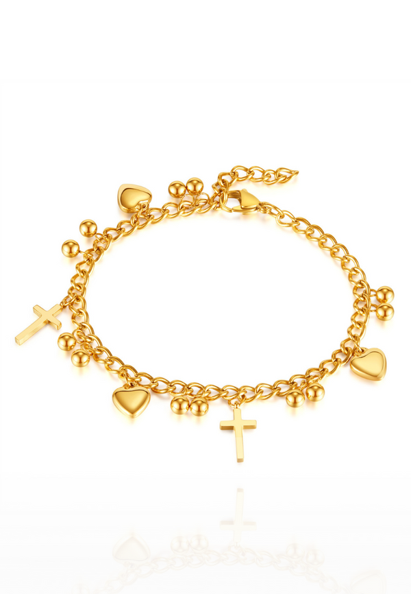 Lucy Love Heart & Cross Engravable Multi-Layer Pendant  Gold Chain Anklet