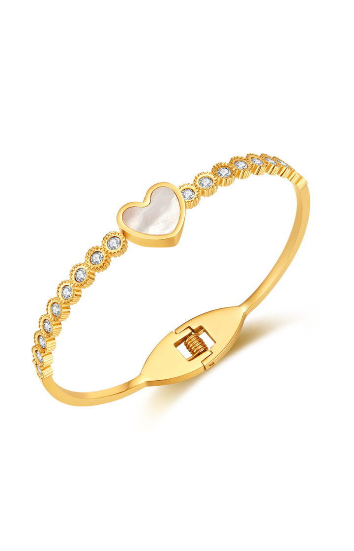 Alina Love Heart Mother of Pearl with Cubic Zirconia Spring Hinge Bangle