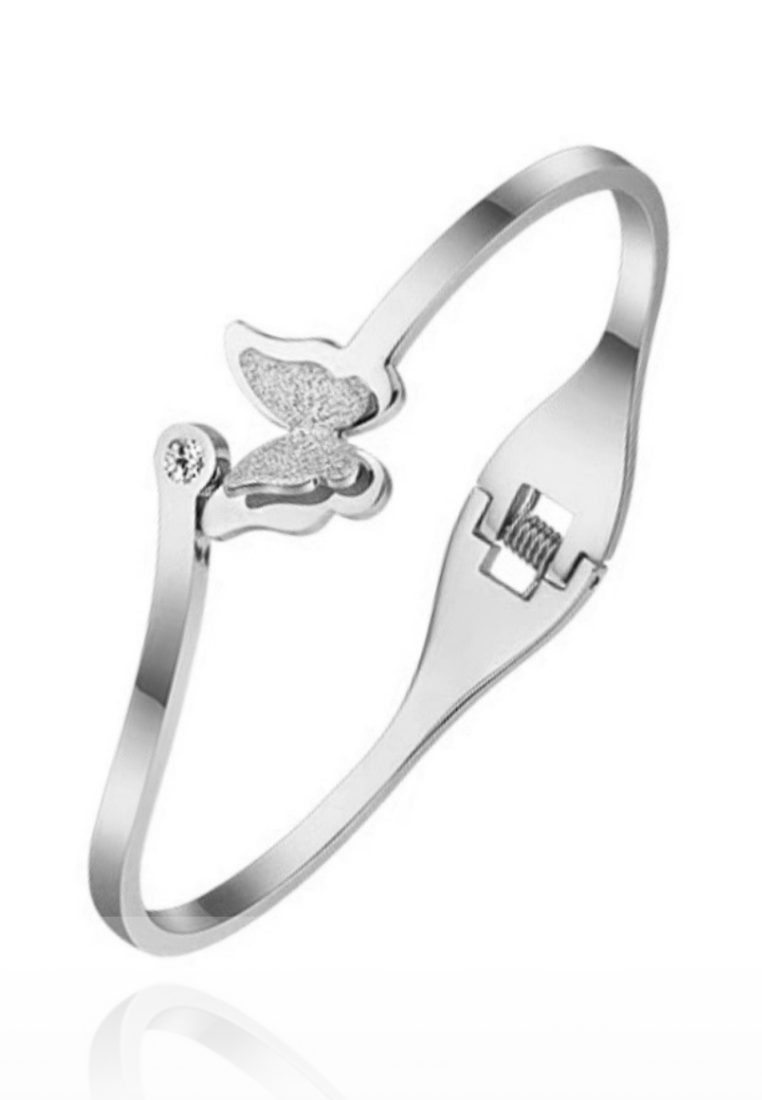 Queen Alexandra Frosted Butterfly with Cubic Zirconia Solitaire Cuff on Engravable Spring Hinged Bangle