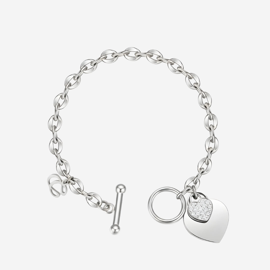 La Devotion CZ Heart Tag Pendant Toggle Clasp Bracelet