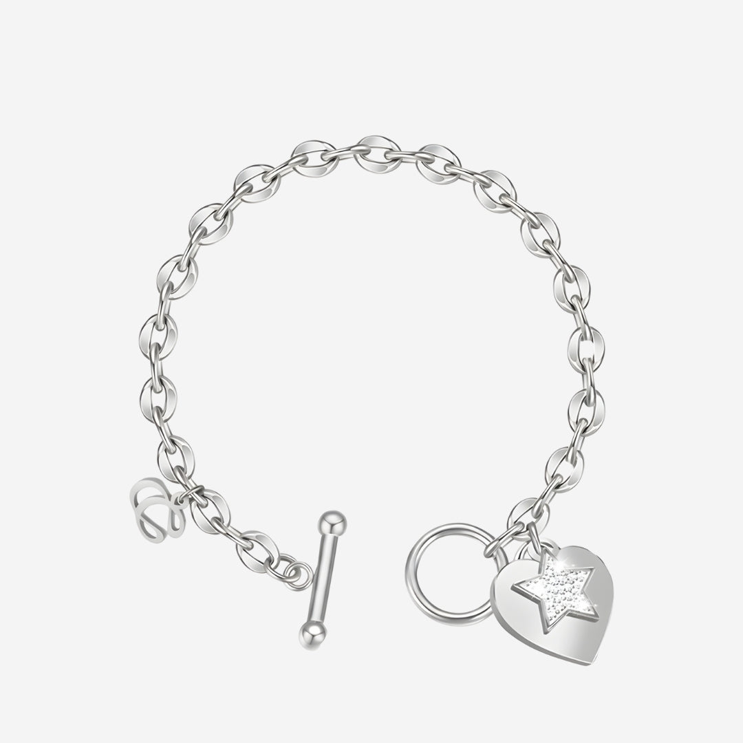 La Devotion CZ Heart Tag Pendant Toggle Clasp Bracelet