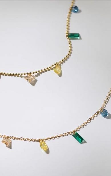 Lila Joyful Colors Cubic Zirconia Pendant with Beaded Chain Bracelet in Gold
