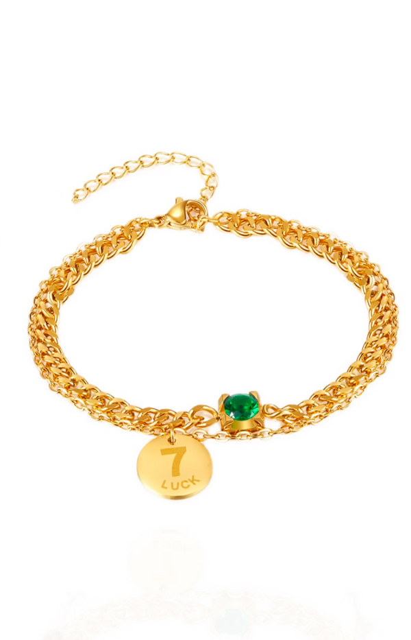 Lucky " 7 " with Emerald Green Cubic Zirconia Multi-Layer Chain Bracelet in Gold