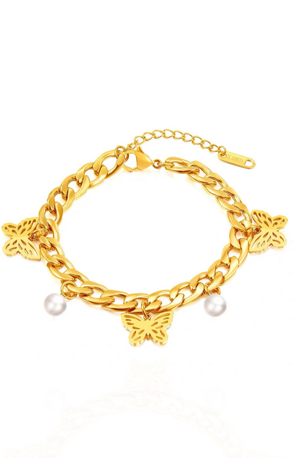 Renata Multi-butterfly and Pearl Pendant Chain Bracelet in Gold
