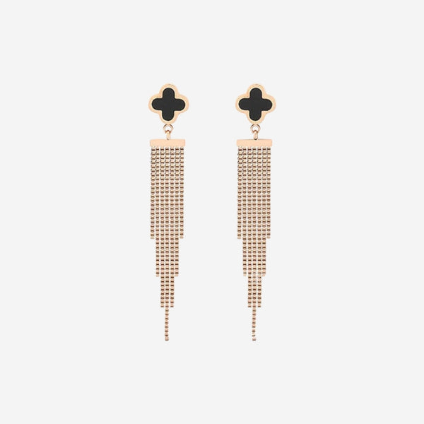 Adele Four Leaf Clover in Black Ceramic Long Tassel Dangle Earrings