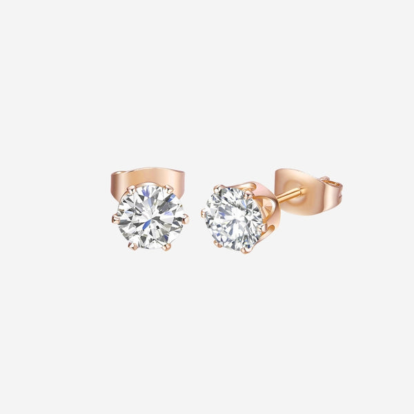 Elsie White Round Zirconia Solitaire in Rose Gold Stud Earrings