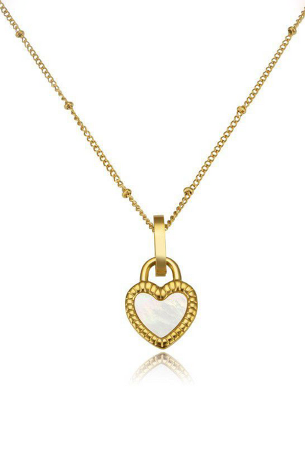 Genuine Love Reversible Two Side Heart Pendant with White and Red Ceramic Inlay in Gold Chain Necklace