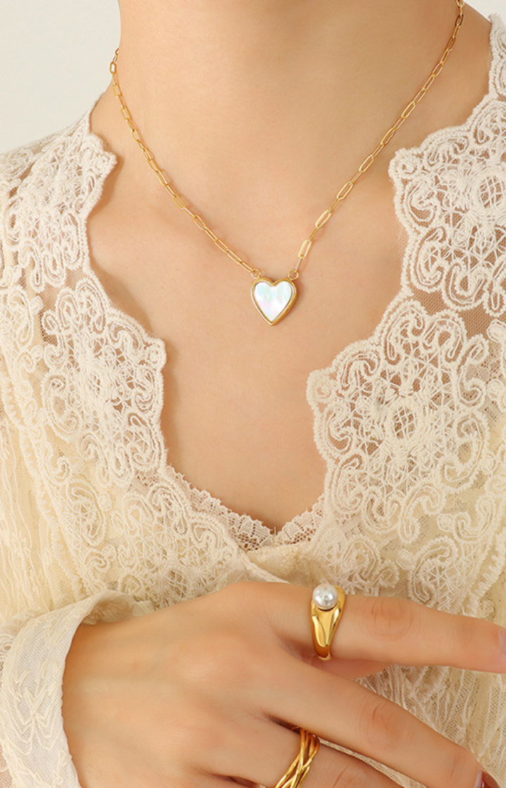Gina Mother of Pearl Engravable Heart Pendant Necklace in Gold