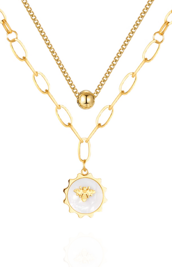 Solara Bee on Sun Mother Pearl Pendant on Multi-Layer Chain Necklace in Gold