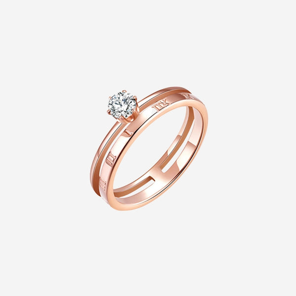 Callista Zirconia Solitaire Roman Numeral Double Band Ring in Rose Gold
