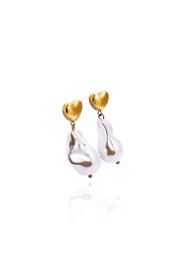 Audra Heart with Baroque Pearl Drop Stud Earrings in Gold