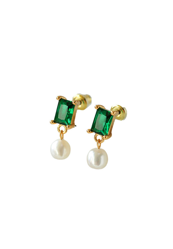 Elea Emerald Green Cubic Zirconia with Pearl Pendant Earrings in Gold
