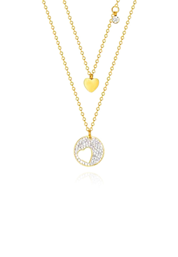 Hearlyn Round Cubic Zirconia Pendant with Mini Heart Pendant Multi-layer Chain Necklace
