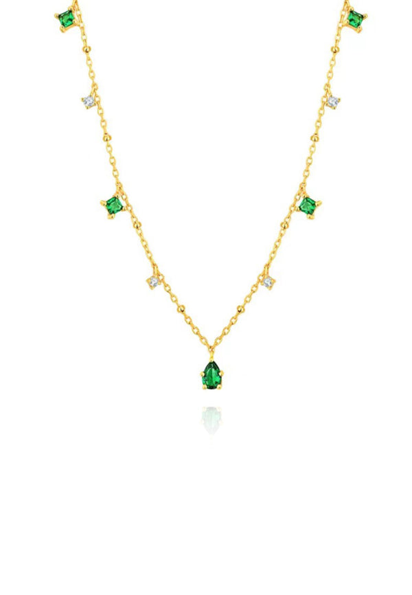 Milan Dainty Emerald Green & White Cubic Zirconia Pendant with Chain Choker Necklace in Gold