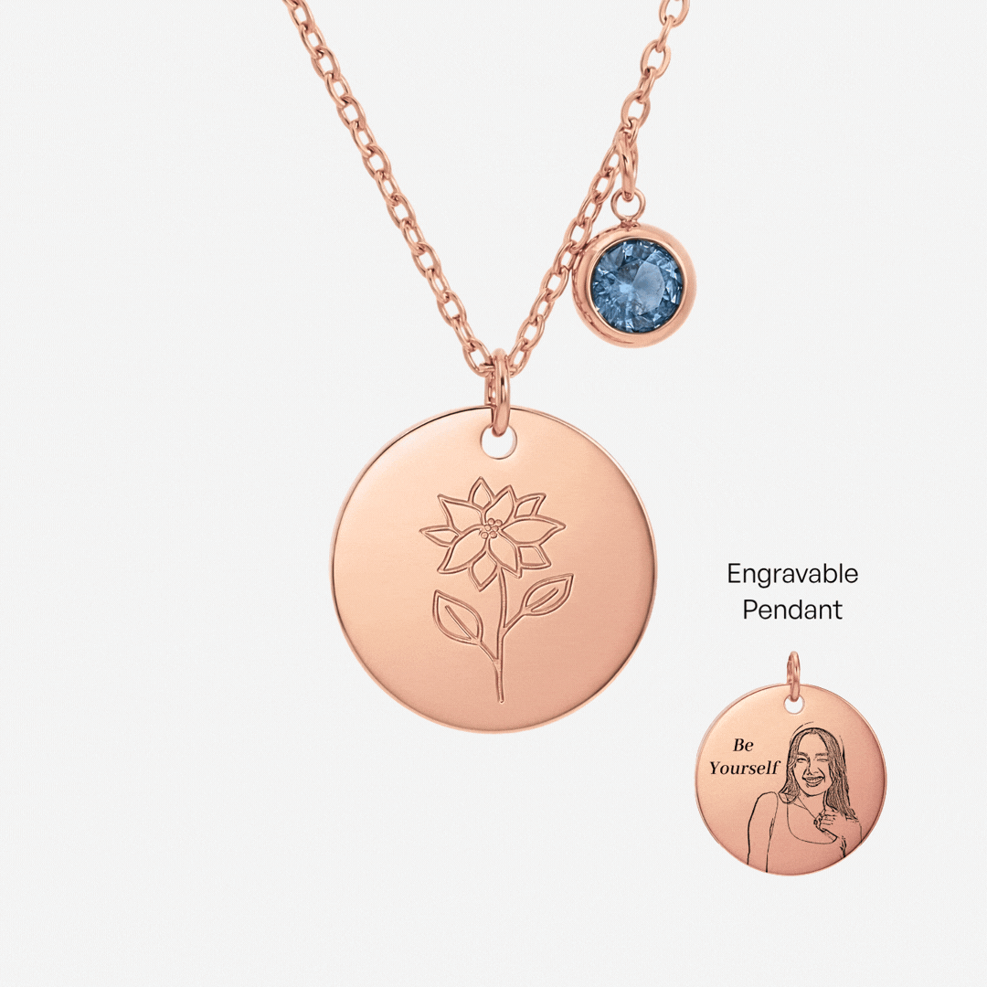 December Birth Flower with Birth Stone Engravable Pendant Chain Necklace