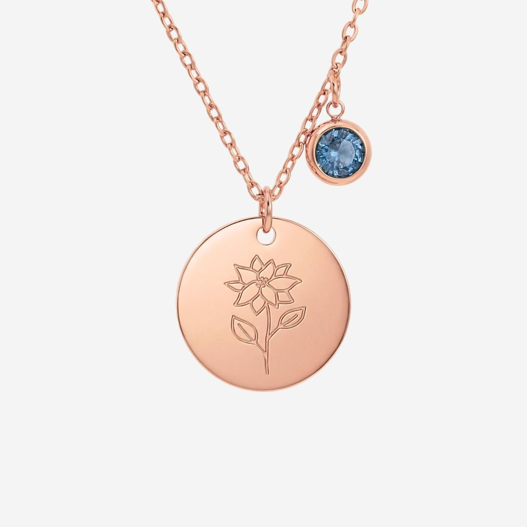 December Birth Flower with Birth Stone Engravable Pendant Chain Necklace