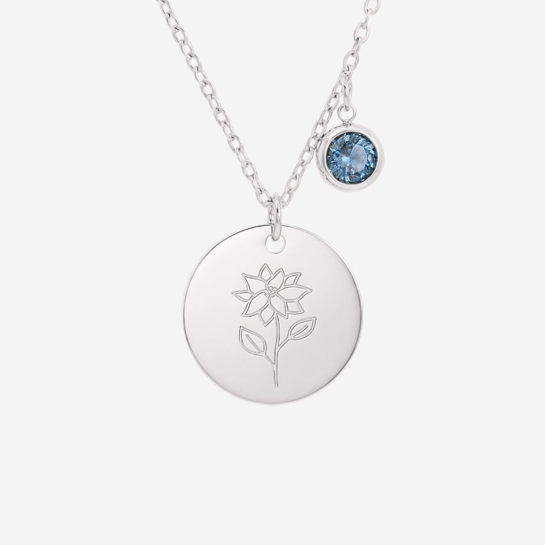 December Birth Flower with Birth Stone Engravable Pendant Chain Necklace