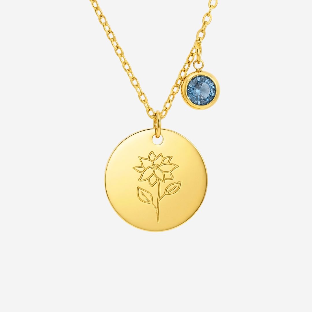 December Birth Flower with Birth Stone Engravable Pendant Chain Necklace