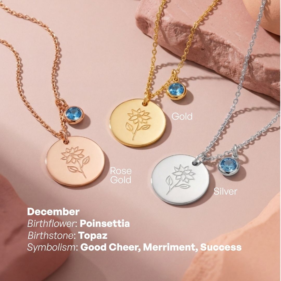 Birth Month Flower and Birth Stone Engravable Pendant Chain Necklace