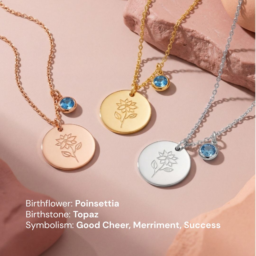 December Birth Flower with Birth Stone Engravable Pendant Chain Necklace