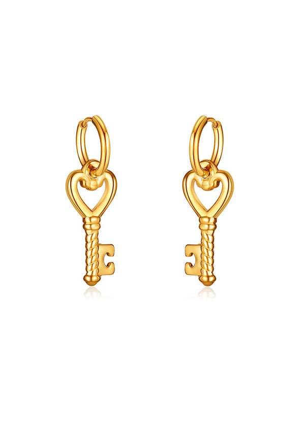 Key to My Heart Pendant Hoop Drop Earrings in Gold