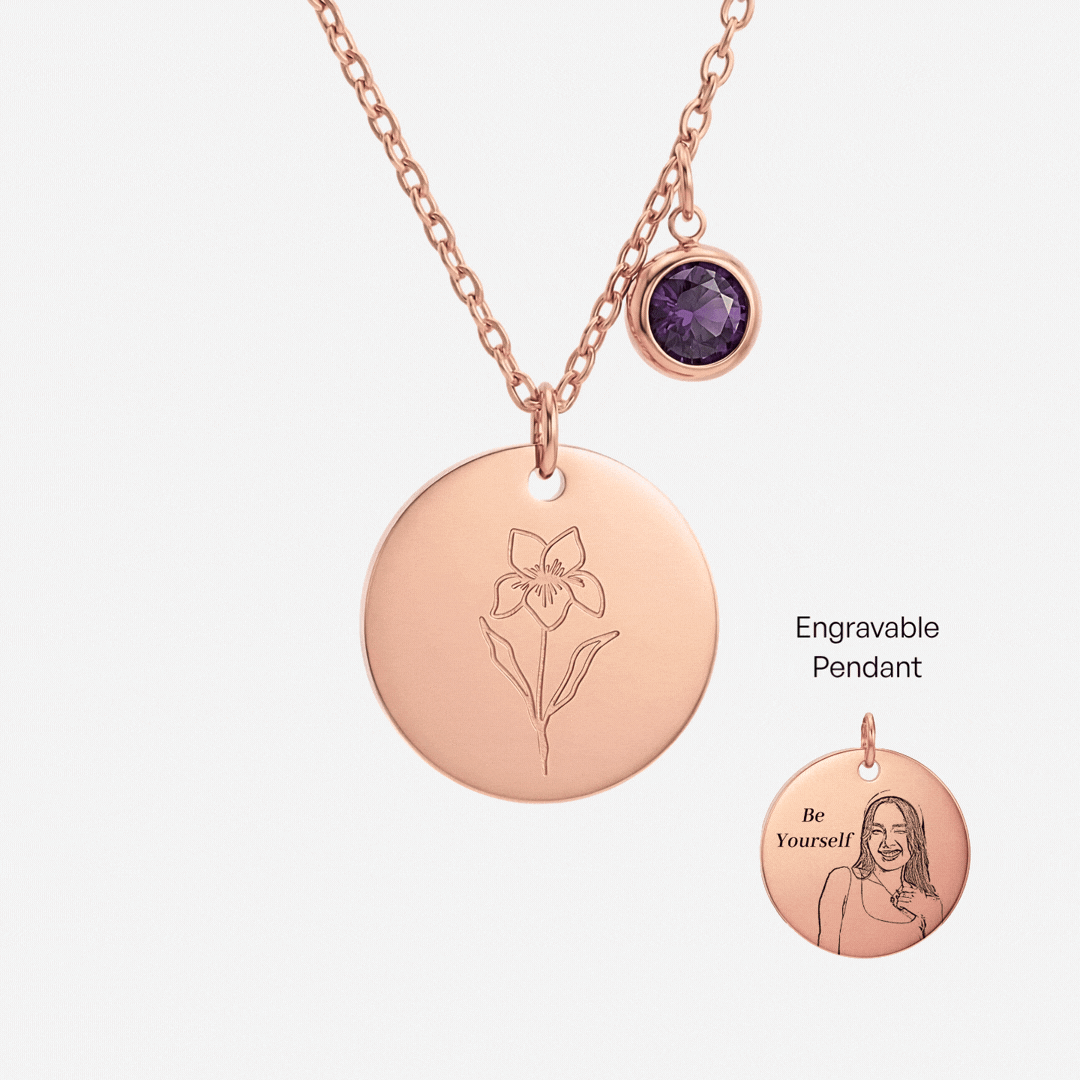 February Birth Flower with Birth Stone Engravable Pendant Chain Necklace