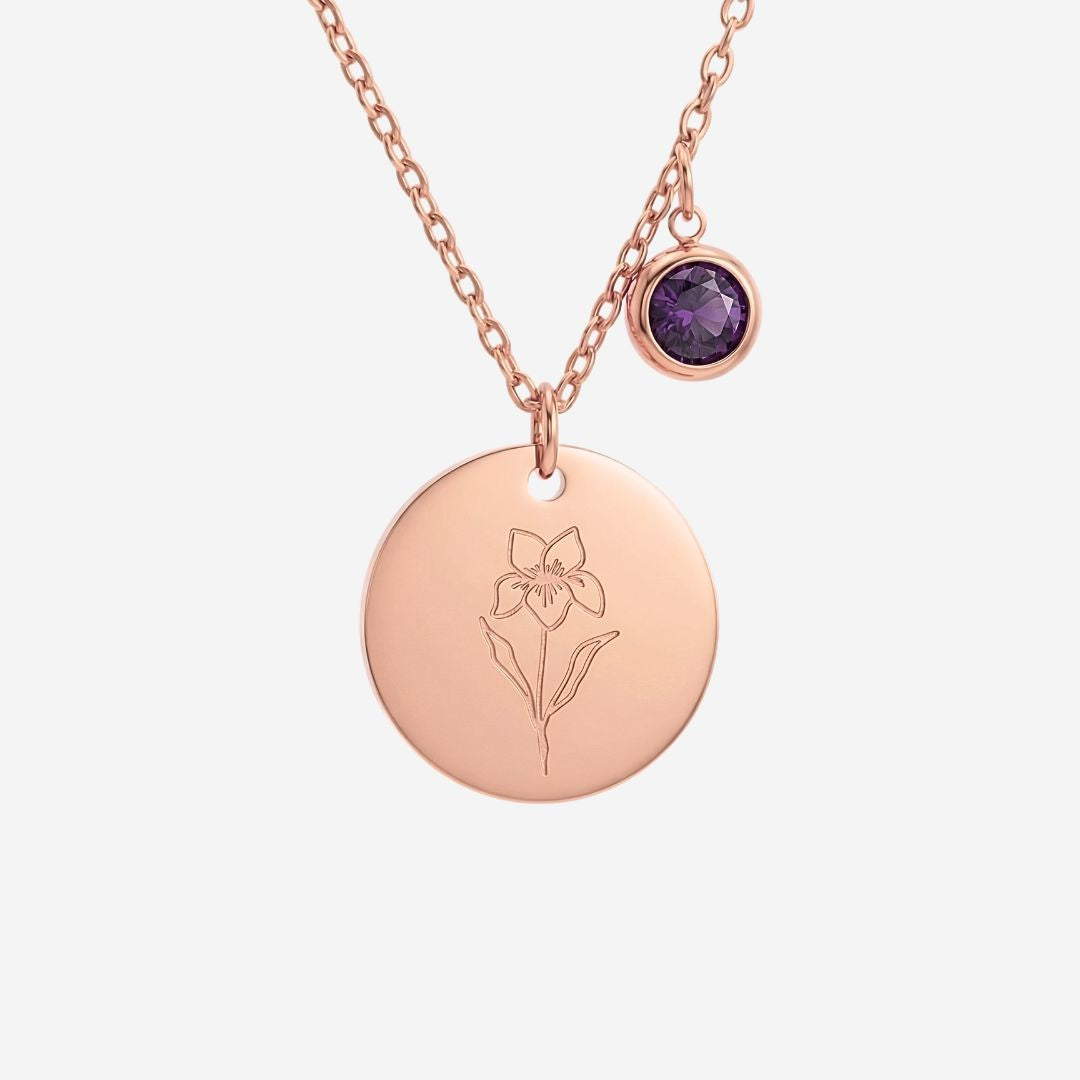 February Birth Flower with Birth Stone Engravable Pendant Chain Necklace