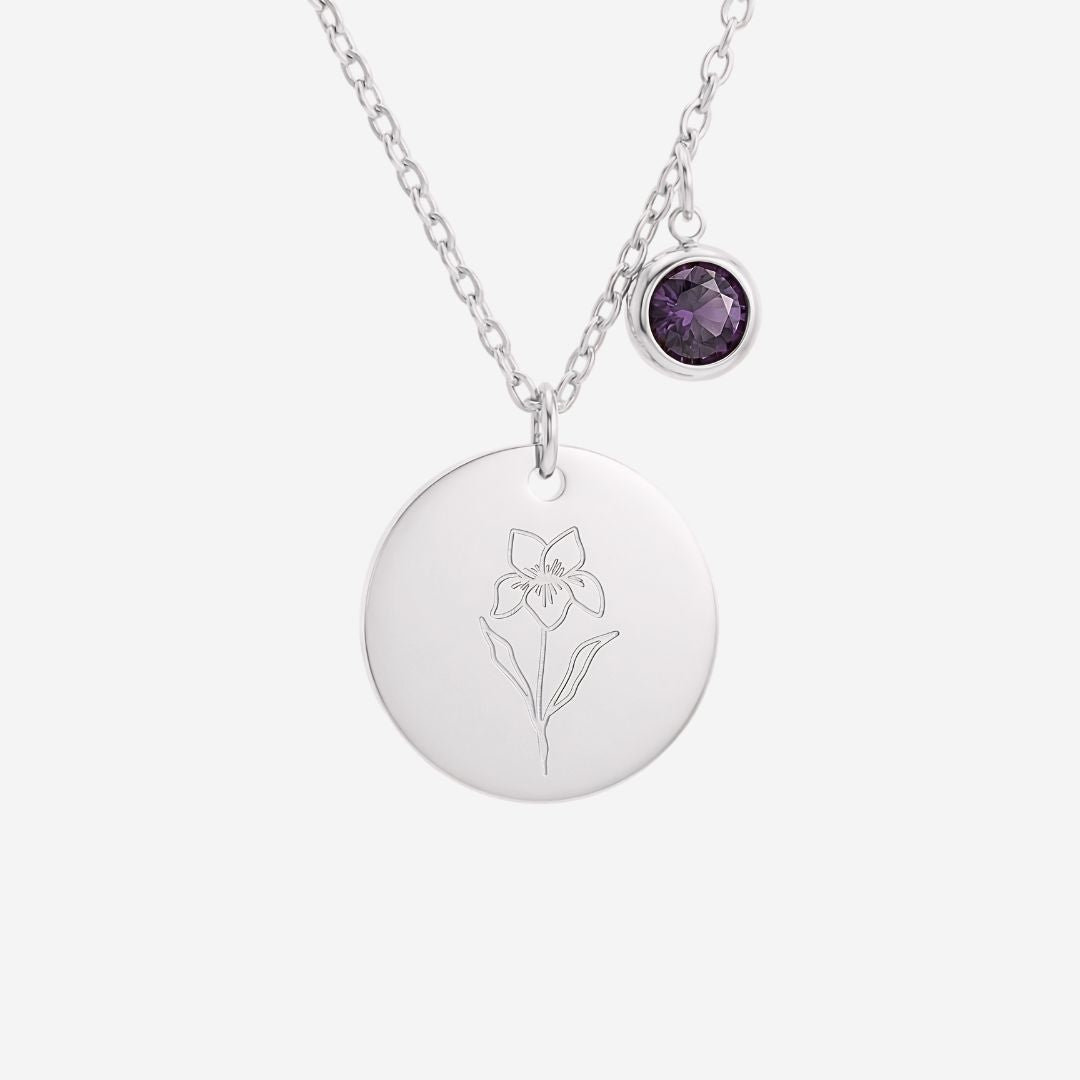 February Birth Flower with Birth Stone Engravable Pendant Chain Necklace