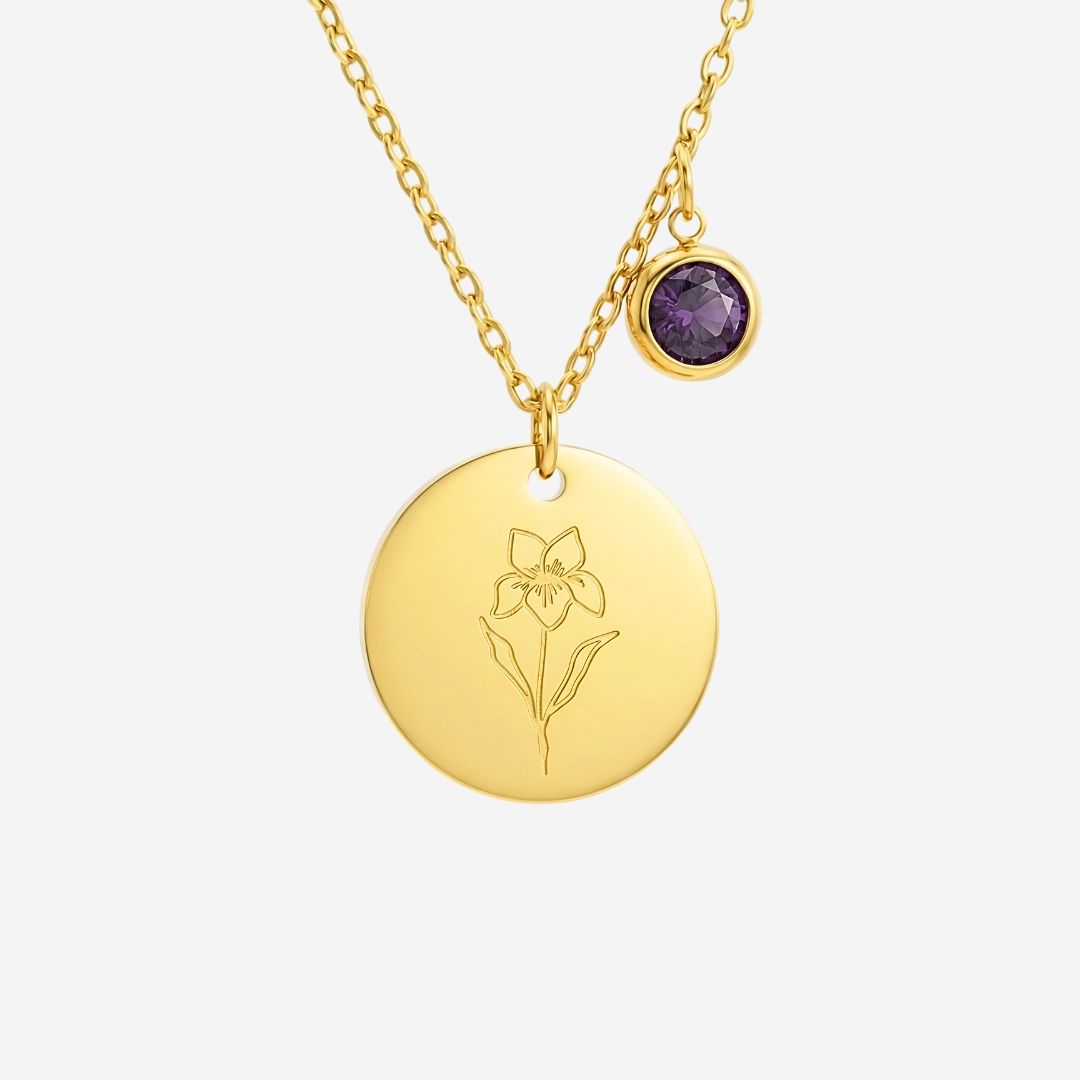 February Birth Flower with Birth Stone Engravable Pendant Chain Necklace