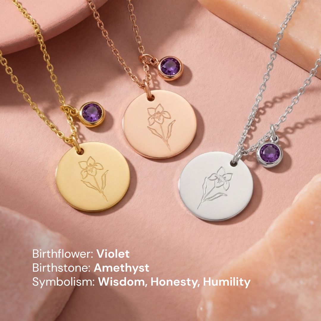 February Birth Flower with Birth Stone Engravable Pendant Chain Necklace