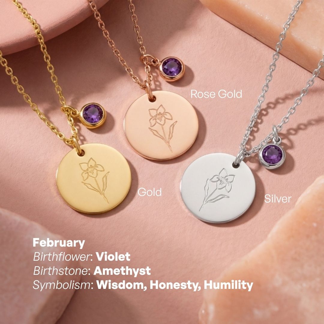 Birth Month Flower and Birth Stone Engravable Pendant Chain Necklace