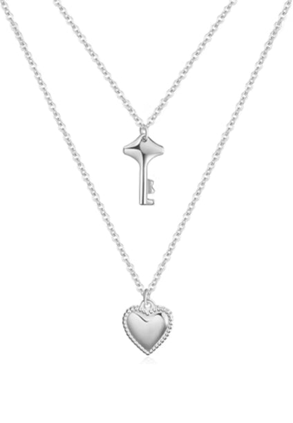 Heart Keeper Key and Love Pendants on Multi-Layer Chain Necklace
