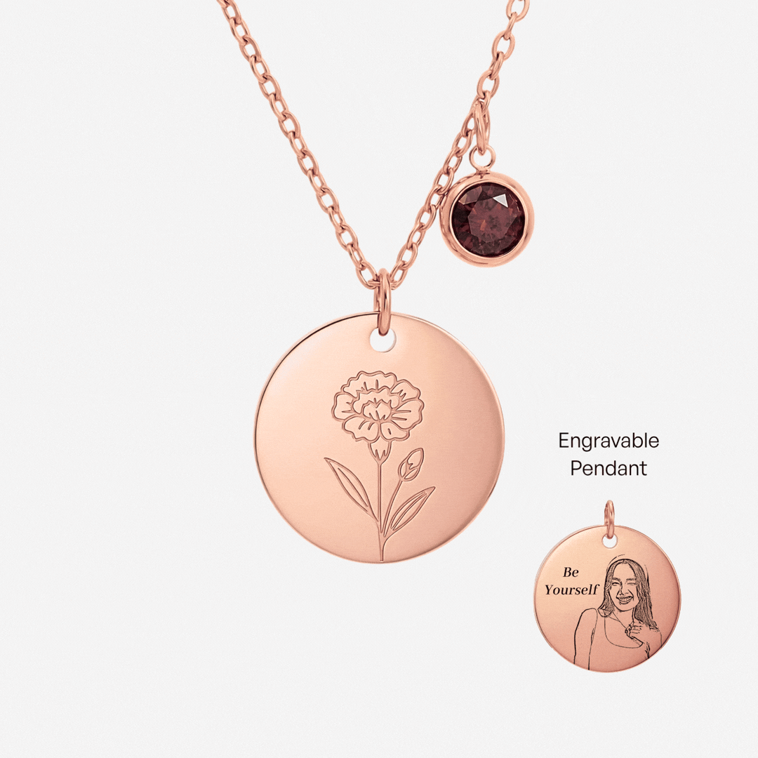 January Birth Flower with Birth Stone Engravable Pendant Chain Necklace