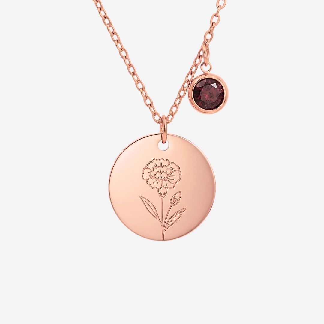 January Birth Flower with Birth Stone Engravable Pendant Chain Necklace