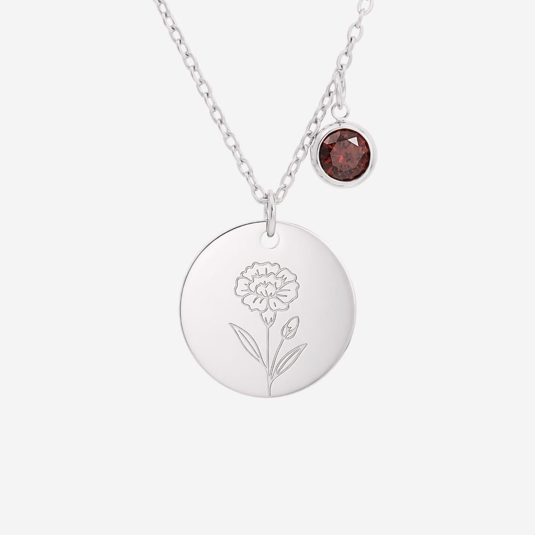 January Birth Flower with Birth Stone Engravable Pendant Chain Necklace