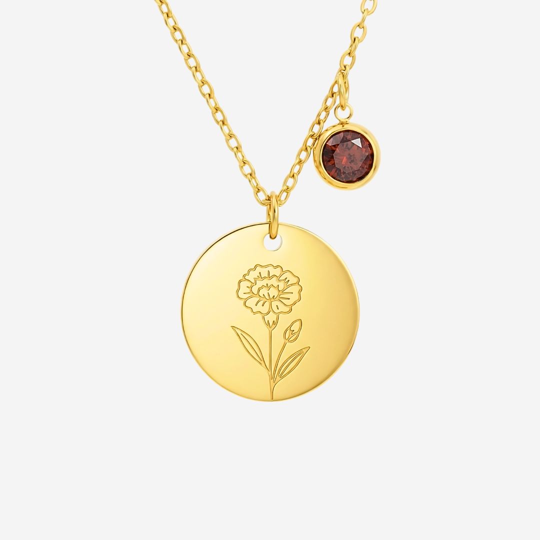 January Birth Flower with Birth Stone Engravable Pendant Chain Necklace