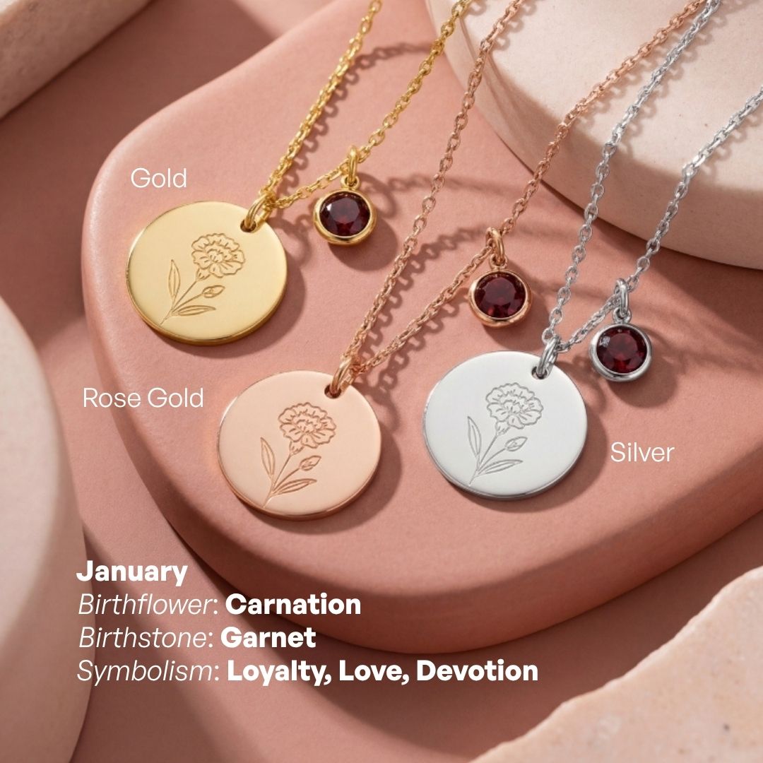Birth Month Flower and Birth Stone Engravable Pendant Chain Necklace