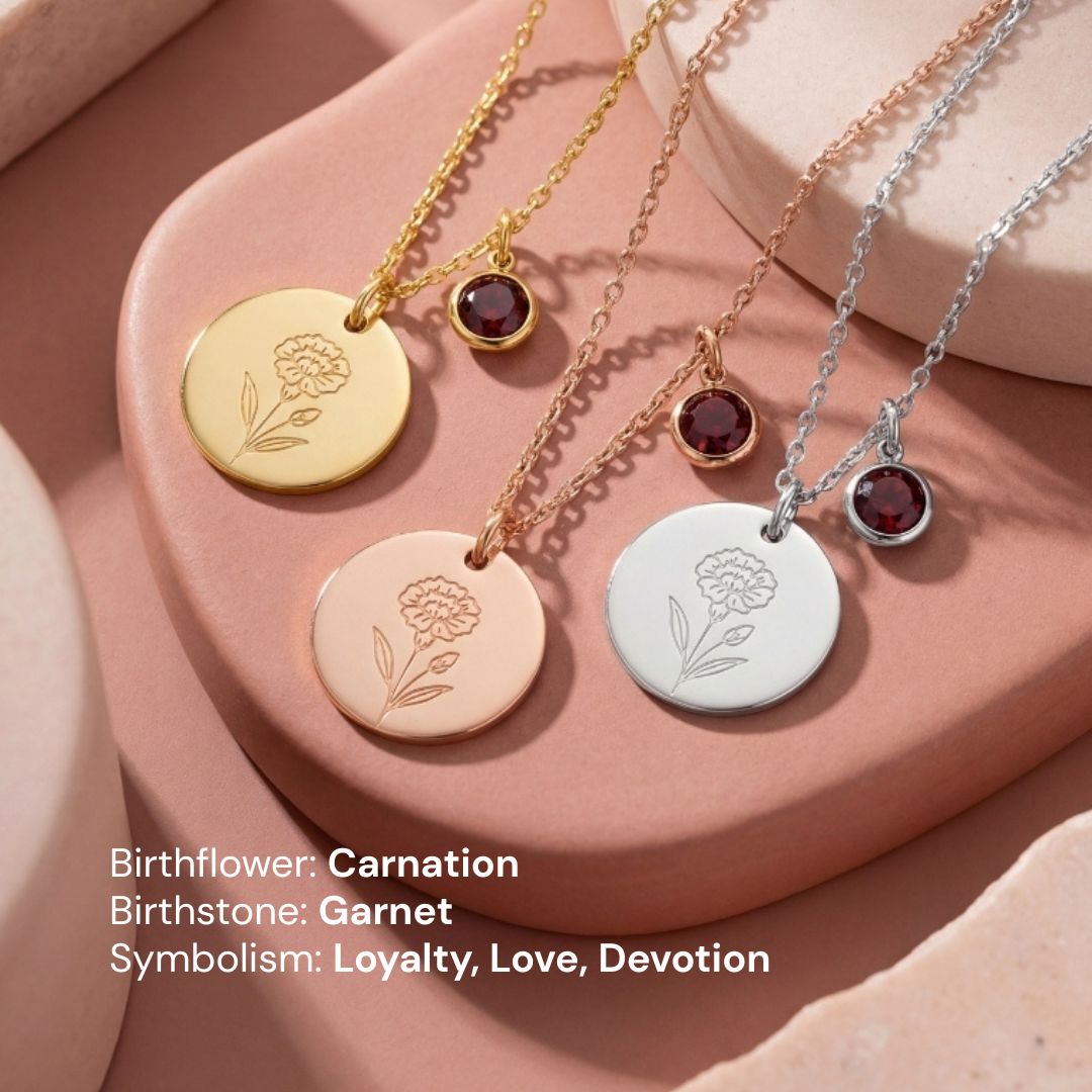 January Birth Flower with Birth Stone Engravable Pendant Chain Necklace