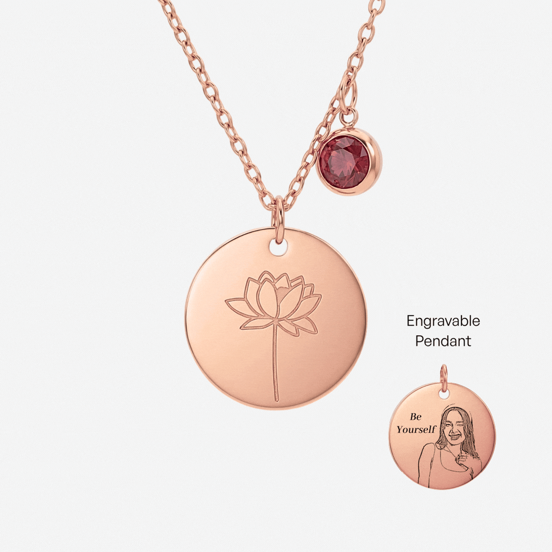July Birth Flower with Birth Stone Engravable Pendant Chain Necklace