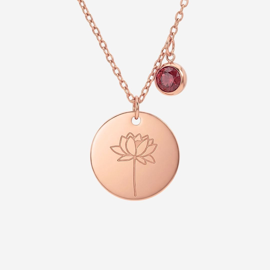 July Birth Flower with Birth Stone Engravable Pendant Chain Necklace